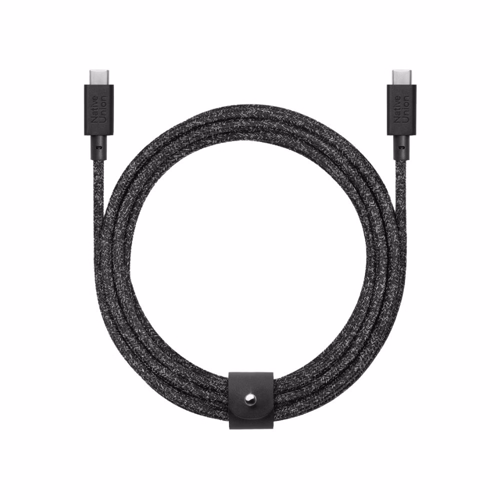 Потужний кабель Native Union Belt Cable USB-C у кольорі Cosmos Black з нейлоновим обплетенням та фірмовим шкіряним ремінцем