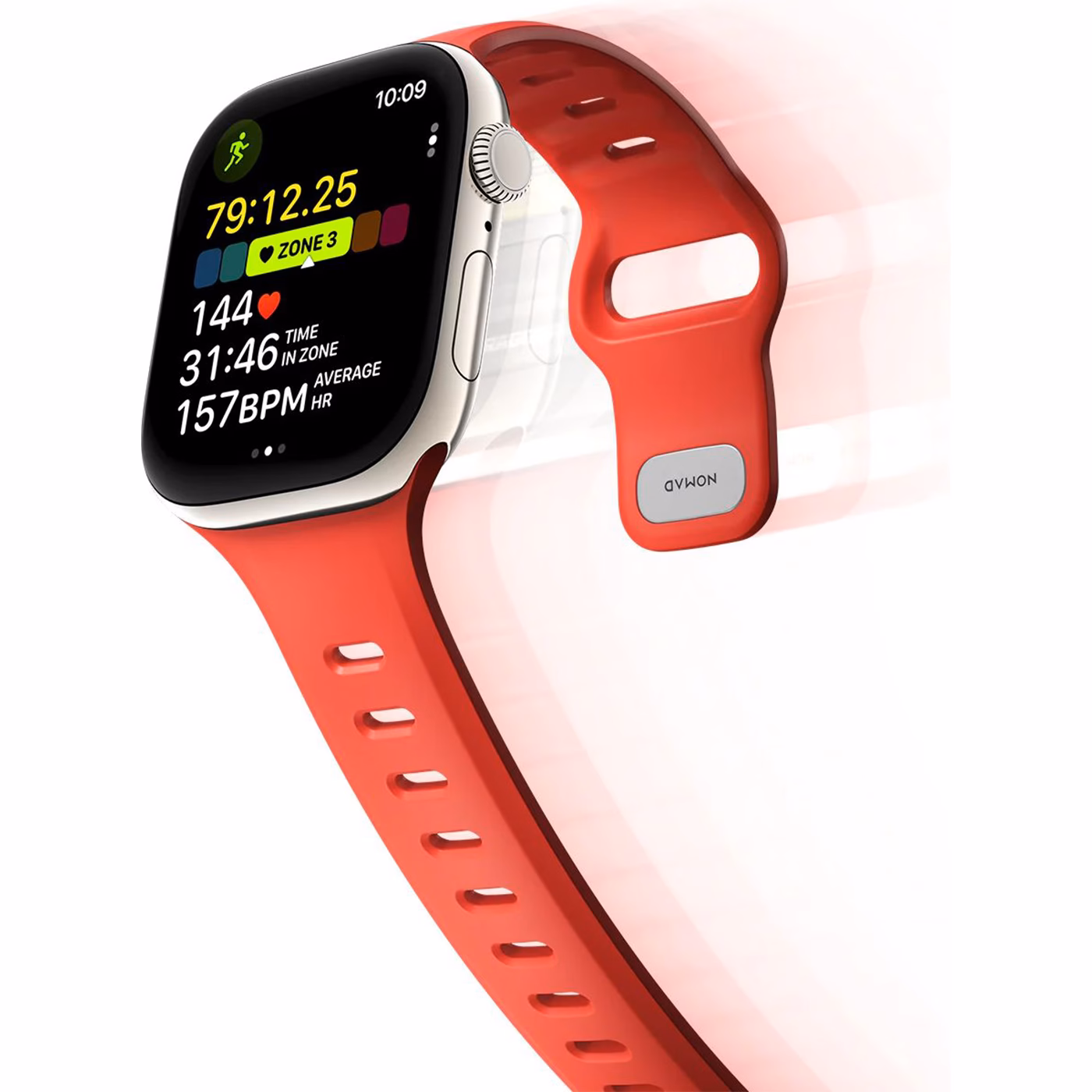 Еластичний ремінець Nomad Tempo Crush для Apple Watch: ергономічна форма та вентиляційні отвори для комфорту під час бігу.