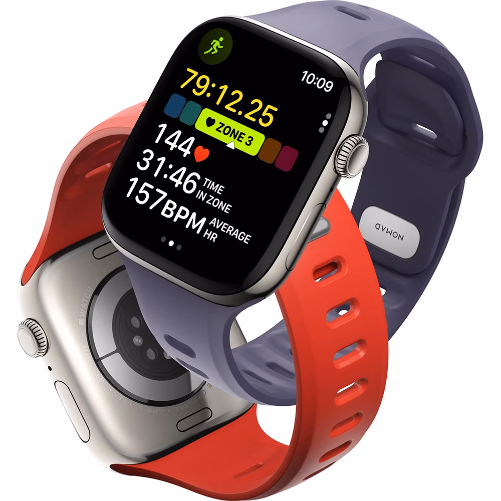 Еластичний ремінець Nomad Tempo Dusk для Apple Watch: ергономічна форма та вентиляційні отвори.