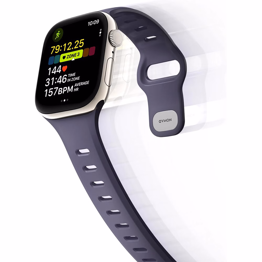 Гнучкий силіконовий ремінець Nomad Tempo у кольорі Dusk для Apple Watch 41/42mm з міцною металевою застібкою.